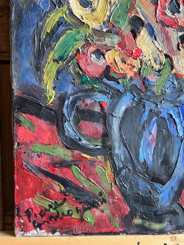 Pierre Ambrogiani (1906-1985) Oil On Canvas - Bouquet De Fleurs Au Vase Bleu