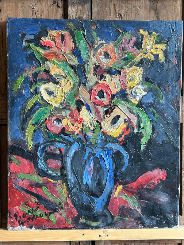 Pierre Ambrogiani (1906-1985) Oil On Canvas - Bouquet De Fleurs Au Vase Bleu