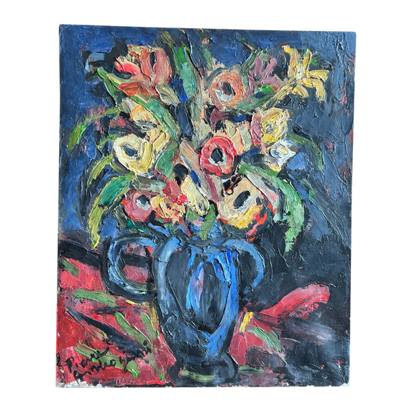 Pierre Ambrogiani (1906-1985) Oil On Canvas - Bouquet De Fleurs Au Vase Bleu
