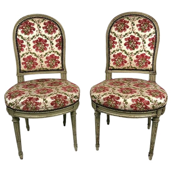 Pair of Louis XVI style chairs, molded beech, gray lacquered. Nineteenth