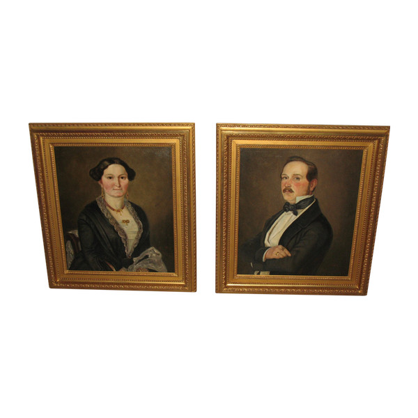 Pair of bust portraits of a couple signed M.V. Ziegler oil on canvas, mid-19th century