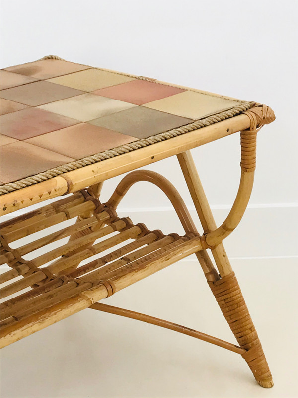 Coffee table in rattan and ceramic tiles, France, 1960s