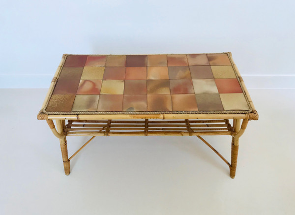 Coffee table in rattan and ceramic tiles, France, 1960s