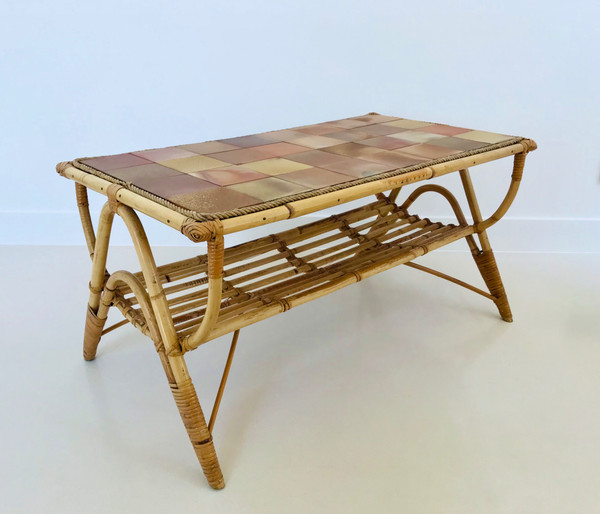 Coffee table in rattan and ceramic tiles, France, 1960s