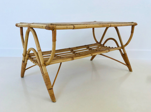 Coffee table in rattan and ceramic tiles, France, 1960s