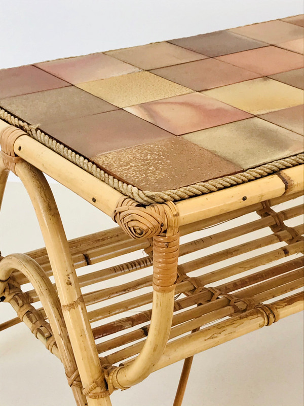 Coffee table in rattan and ceramic tiles, France, 1960s