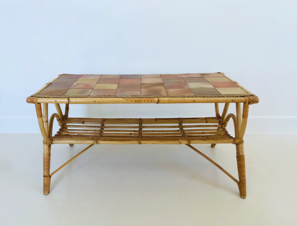 Coffee table in rattan and ceramic tiles, France, 1960s