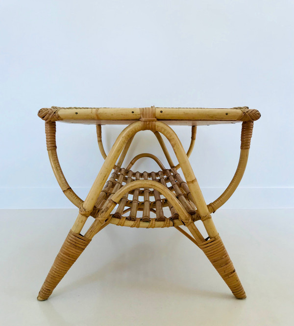Coffee table in rattan and ceramic tiles, France, 1960s