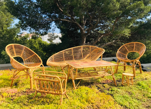 Coffee table in rattan and ceramic tiles, France, 1960s