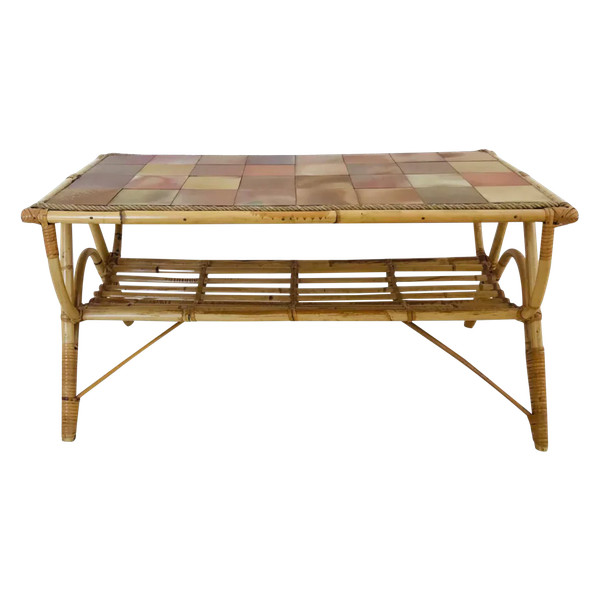 Coffee table in rattan and ceramic tiles, France, 1960s