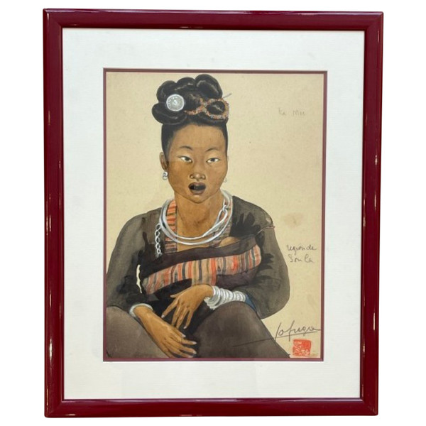   Watercolor of a child and a woman "Ta Moc" from the Soula region, Léa LAFUGIE (1890-1972)