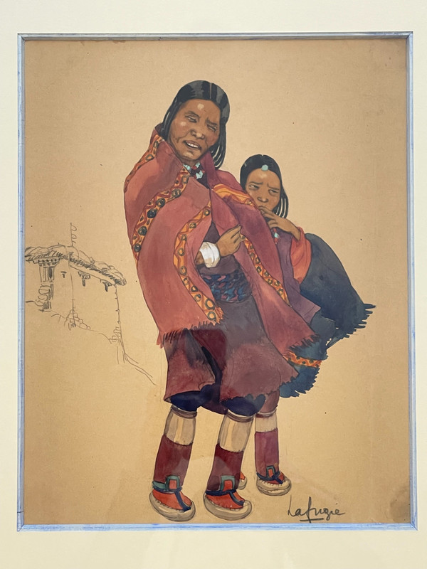 Gouache einer tibetischen Frau und eines tibetischen Kindes, Léa LAFUGIE (1890-1972)