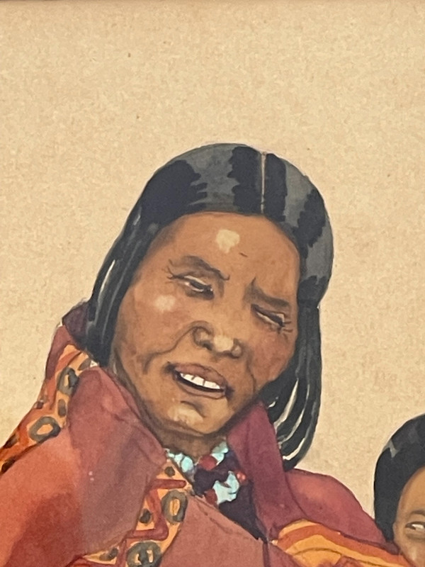 Gouache einer tibetischen Frau und eines tibetischen Kindes, Léa LAFUGIE (1890-1972)