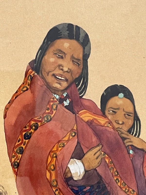 Gouache einer tibetischen Frau und eines tibetischen Kindes, Léa LAFUGIE (1890-1972)