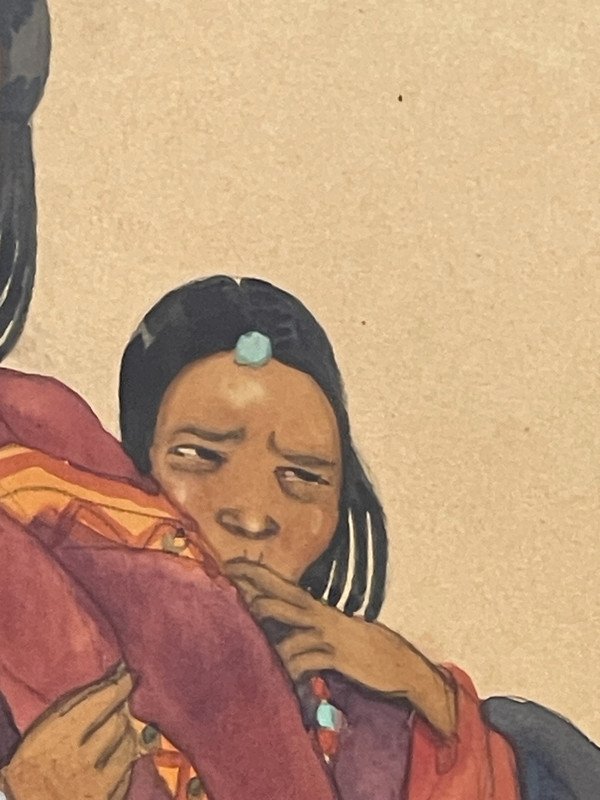 Gouache einer tibetischen Frau und eines tibetischen Kindes, Léa LAFUGIE (1890-1972)