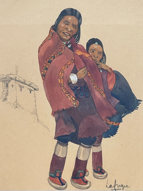 Gouache einer tibetischen Frau und eines tibetischen Kindes, Léa LAFUGIE (1890-1972)