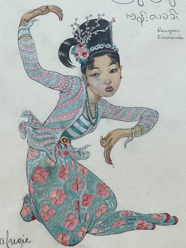 Léa LAFUGIE (1890-1972), gouache d'une danseuse birmane