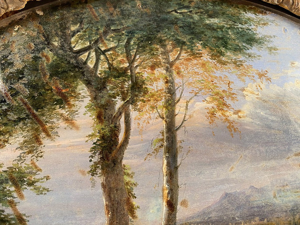 Fixé sous verre, école française du XIXe. Paysage animé