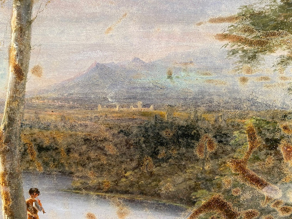 Fixé sous verre, école française du XIXe. Paysage animé
