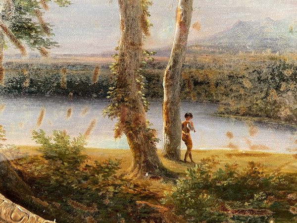 Fixé sous verre, école française du XIXe. Paysage animé