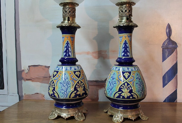 Lampes à Pétrole en Faïence XIXe