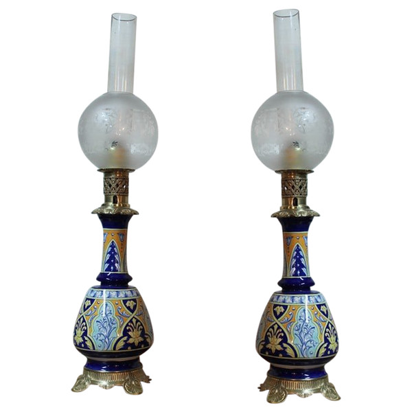 Lampes à Pétrole en Faïence XIXe