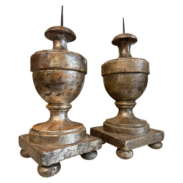Pair of carved wood and silvered candlesticks 18th century