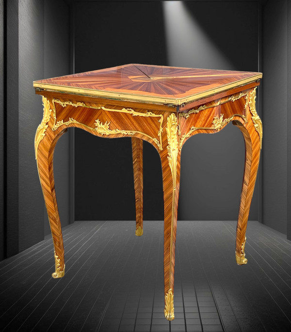 GAME TABLE “CALLED MUCHOIR” IN MARQUETRY DECORATED WITH GILT BRONZE PERIOD 19th