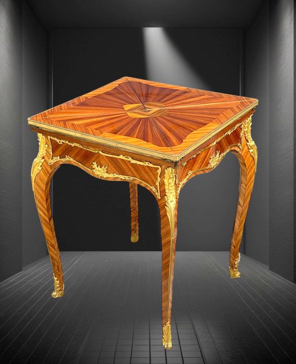 GAME TABLE “CALLED MUCHOIR” IN MARQUETRY DECORATED WITH GILT BRONZE PERIOD 19th