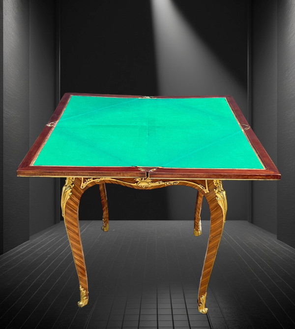 GAME TABLE “CALLED MUCHOIR” IN MARQUETRY DECORATED WITH GILT BRONZE PERIOD 19th