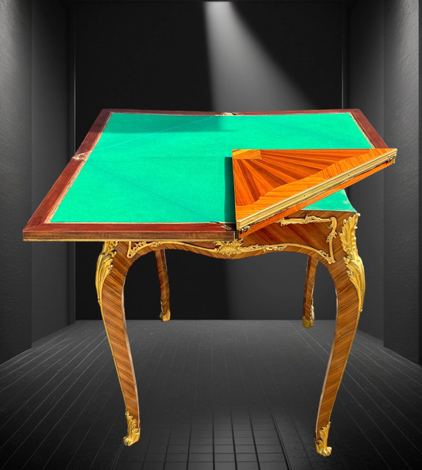 GAME TABLE “CALLED MUCHOIR” IN MARQUETRY DECORATED WITH GILT BRONZE PERIOD 19th