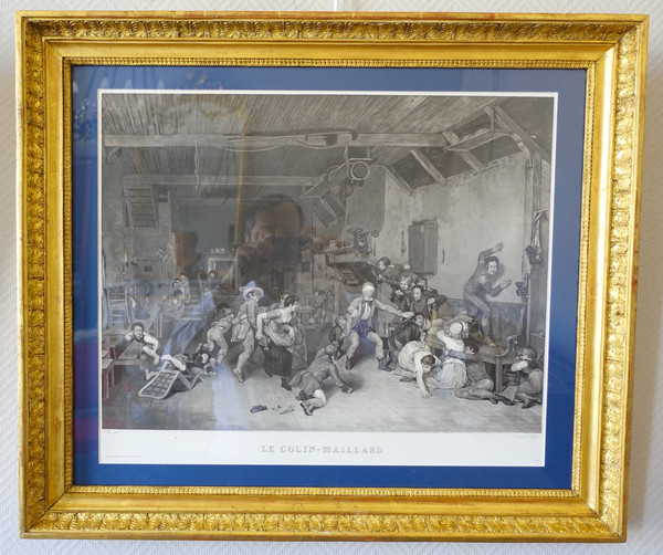 Coppia di incisioni Impero: La main chaud e Le Colin Maillard, cornici in legno dorato 72,5 cm x 62,5 cm