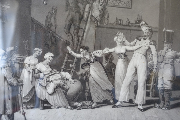 Coppia di incisioni Impero: La main chaud e Le Colin Maillard, cornici in legno dorato 72,5 cm x 62,5 cm