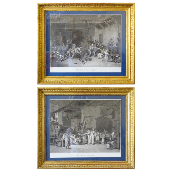 Coppia di incisioni Impero: La main chaud e Le Colin Maillard, cornici in legno dorato 72,5 cm x 62,5 cm