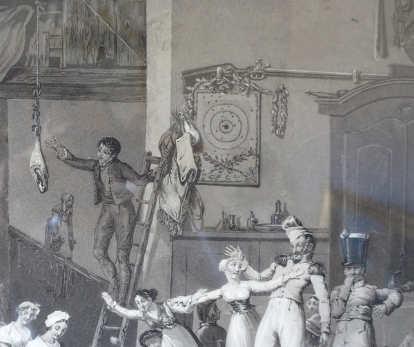 Coppia di incisioni Impero: La main chaud e Le Colin Maillard, cornici in legno dorato 72,5 cm x 62,5 cm