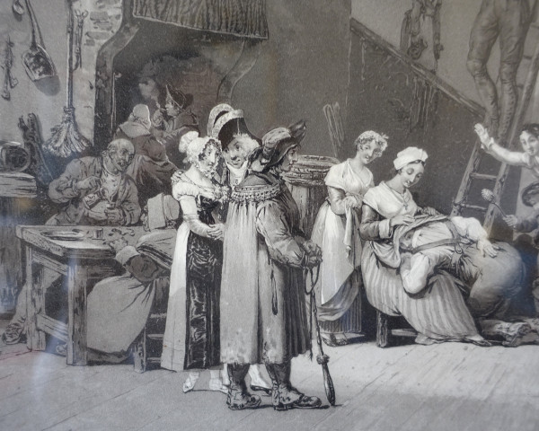 Coppia di incisioni Impero: La main chaud e Le Colin Maillard, cornici in legno dorato 72,5 cm x 62,5 cm