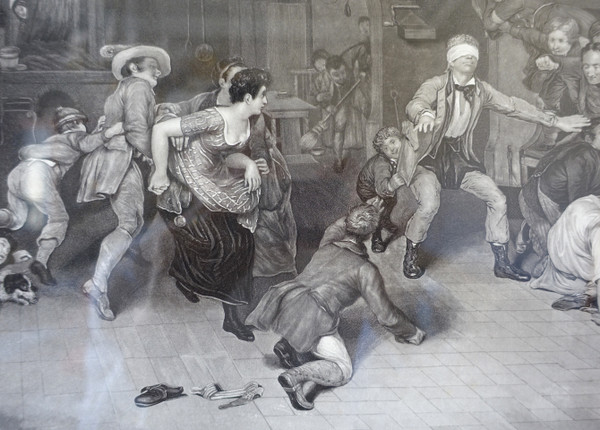 Coppia di incisioni Impero: La main chaud e Le Colin Maillard, cornici in legno dorato 72,5 cm x 62,5 cm