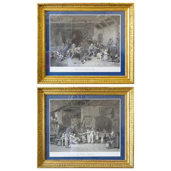 Coppia di incisioni Impero: La main chaud e Le Colin Maillard, cornici in legno dorato 72,5 cm x 62,5 cm