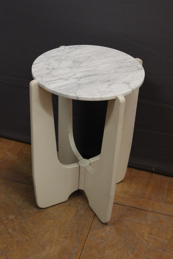 Pedestal Table In White Lacquered Wood And Marble Circa 1970