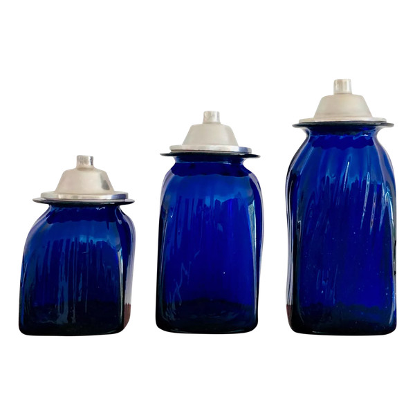 3 Apothekergläser aus kobaltblauem mundgeblasenem Glas und Aluminiumdeckeln, Italien