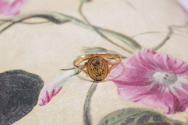 Bague pensée régionale en or rose 18k, bague ancienne régionale Poitou, Normandie, fleur, Bretagne