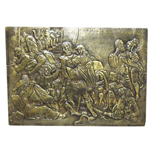 BRONZETAFEL MIT DARSTELLUNG EINER EROTISCHEN SZENE, SOLDATEN DER GROßEN ARMEE, 19. JAHRHUNDERT.