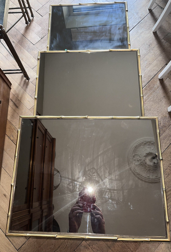 Maison Bagues: Nesting table in gilded brass, bamboo and mirrored tops