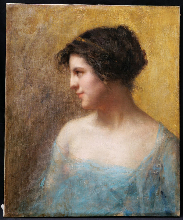 Emmanuel Michel BENNER, bekannt als Many BENNER, Porträt einer brünetten Frau im Profil, in einem blauen Negligé
