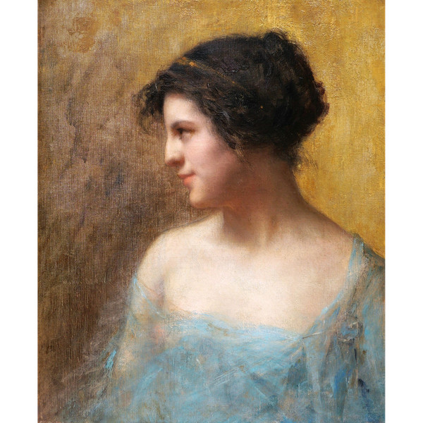 Emmanuel Michel BENNER, bekannt als Many BENNER, Porträt einer brünetten Frau im Profil, in einem blauen Negligé