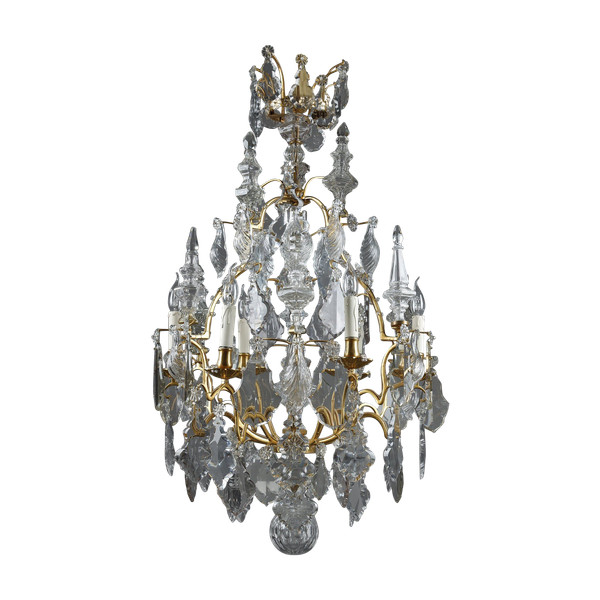 Lampadario a gabbia a sei luci, in bronzo dorato, decorato con nappe e pugnali in cristallo molato