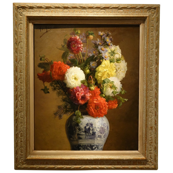 Dahlienstrauß in einer japanischen Vase, A.melot, 1883