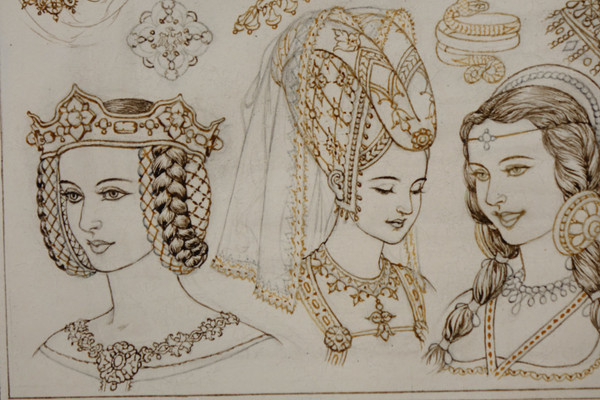 Portraits Of 14 Queens Or Empresses, Brown Ink And Sepia, Signed Herouard, Circa 1925.flag