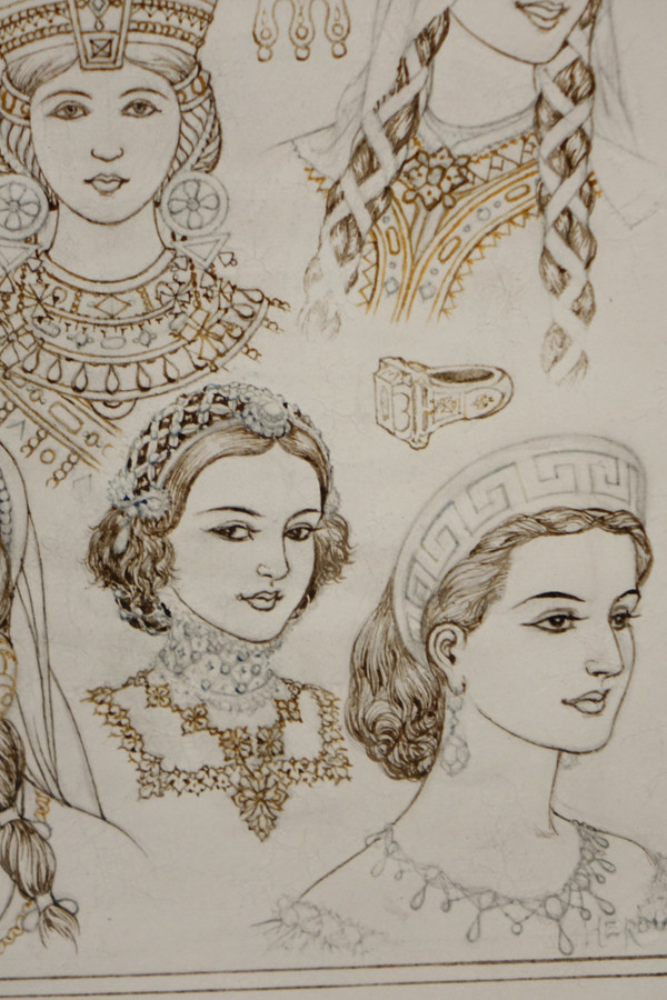 Portraits Of 14 Queens Or Empresses, Brown Ink And Sepia, Signed Herouard, Circa 1925.flag
