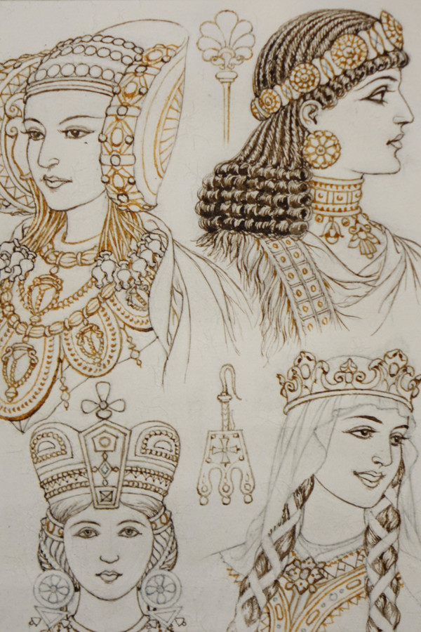 Portraits Of 14 Queens Or Empresses, Brown Ink And Sepia, Signed Herouard, Circa 1925.flag